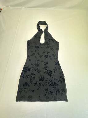 New Pink Black Floral Burnout Velvet Halter Mini Dress